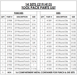 14 sets of 219 punch/413 dies. Sizes 1/4 - 1-1/16" in 1/16" increments in box w/ 1/32" clearance - Image 2