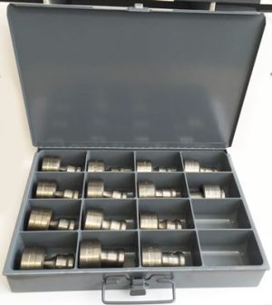 14 sets of 219 punch/413 dies. Sizes 1/4 - 1-1/16" in 1/16" increments in box w/ 1/32" clearance - E - Image 1