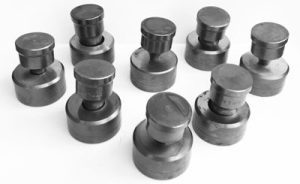 8 sets of 219 punch/413 die. Sizes 3/16, 5/16, 7/16, 9/16, 11/16, 13/16, 15/16, 1" in box w/ 1/32"