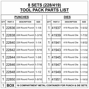 8 sets of 228 punch/419 dies. Sizes 1-1/8 - 1-9/16 in 1/16" increments in box w/ 1/32" clearance - Image 2