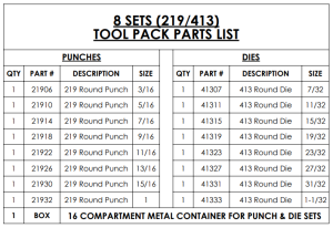 8 sets of 219 punch/413 die. Sizes 3/16, 5/16, 7/16, 9/16, 11/16, 13/16, 15/16, 1" in box w/ 1/32" - Image 2